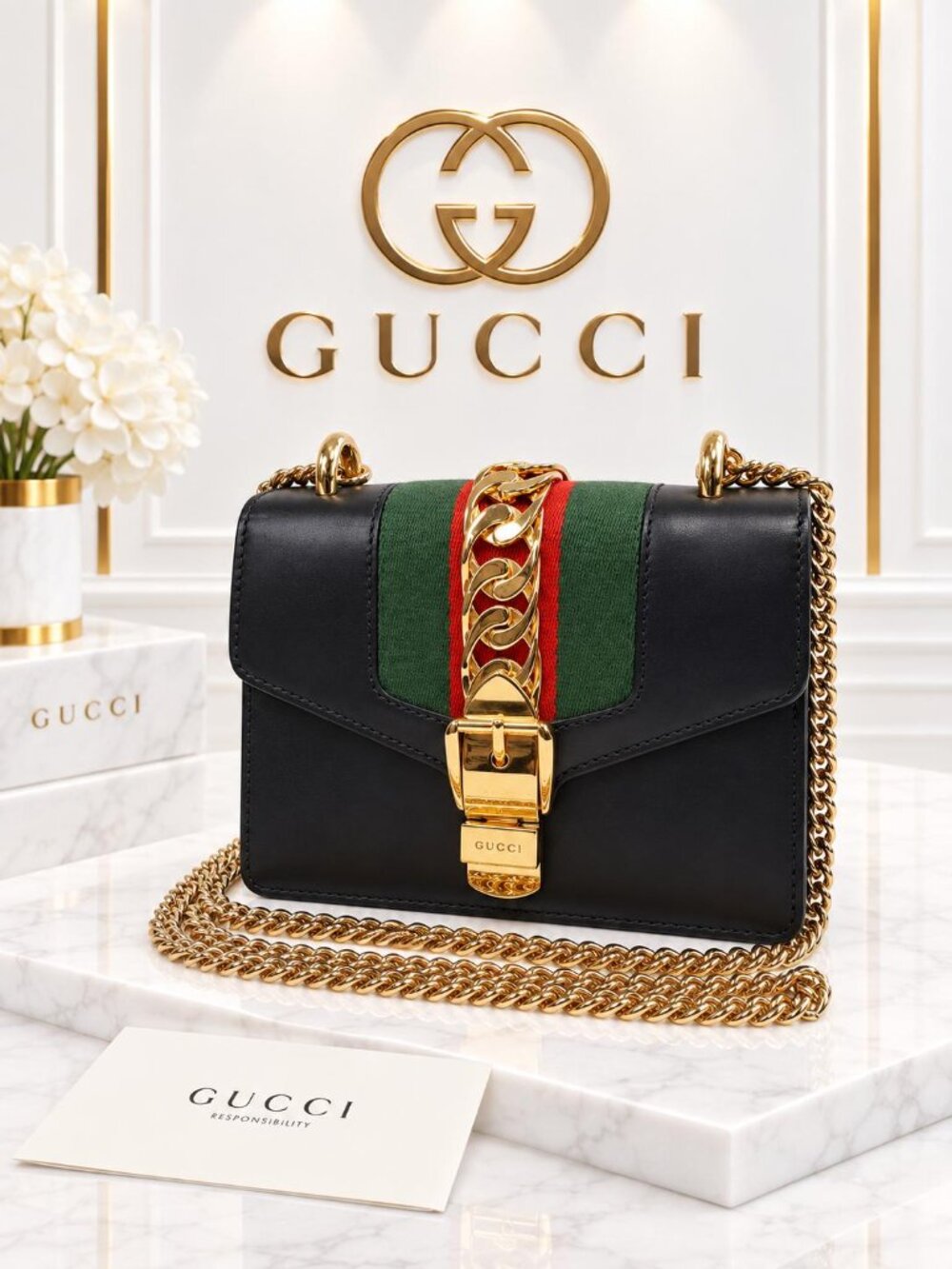 Authentic Gucci Sylvie Mini Black Leather Web Stripe Gold Chain Crossbody Bag
